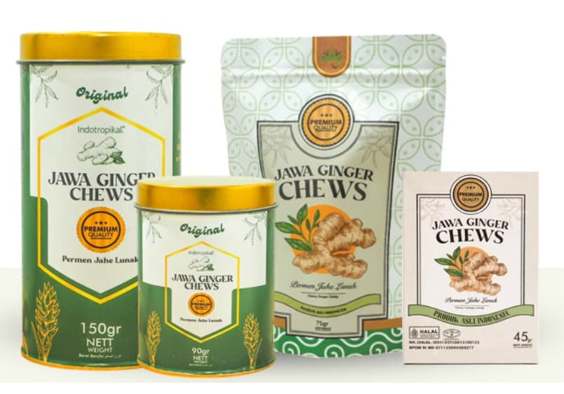 Contoh produk pangan: permen jahe Jawa Ginger Chews dalam kaleng, kantong, dan kotak