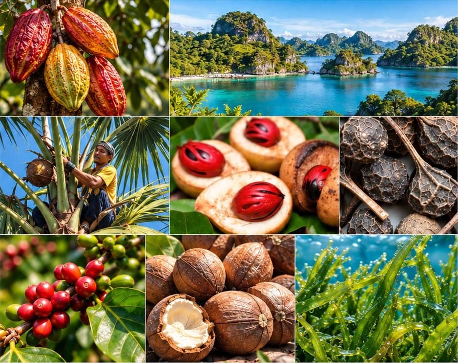 Komoditas hayati Indonesia: kakao, pala, kelapa, kopi, kemiri, rumput laut, dan lanskap kepulauan